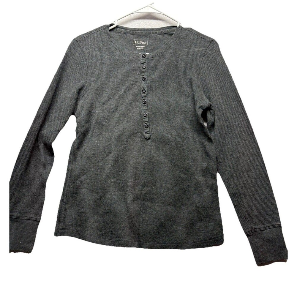 L.L.Bean Shirt Womens M Reg Gray Long Sleeve Henley Thermal Waffle 265001